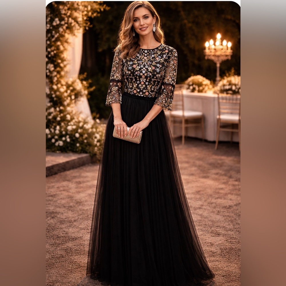 Mac Duggal Embroidered High Neck Illusion Sleeve